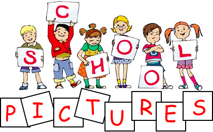 Clip art of students holding signs of school pictures worded.