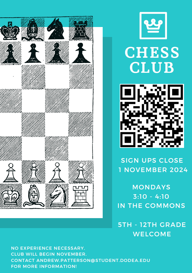 Chess board clip art with QR code for Chess Club sign up