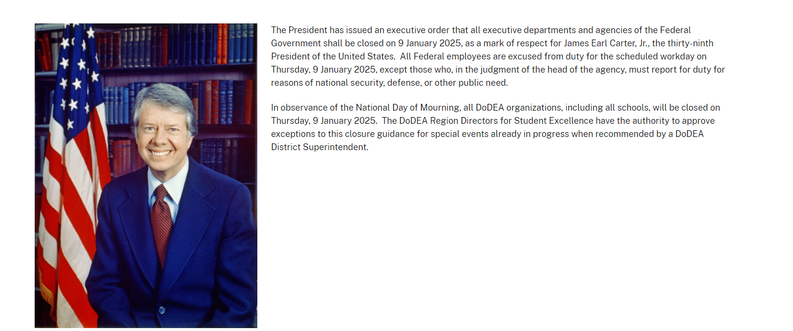 National Day of Mourning to Honor President James Earl Carter, Jr