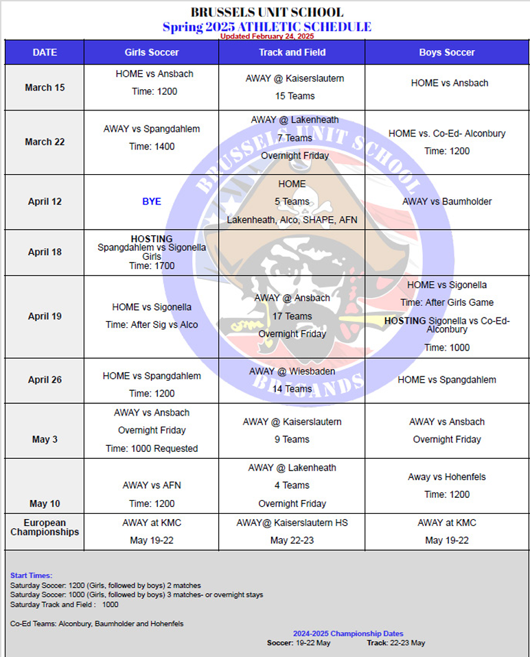 Spring Schedule for Athletics.