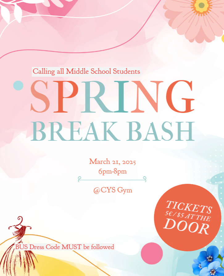 Spring Break Bash! Dance event for Middle School students.